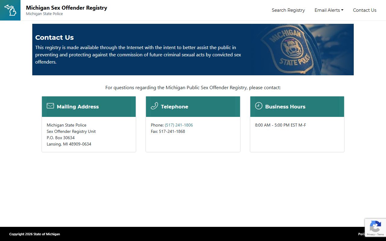 Michigan State Police Sex Offender Registry contact page